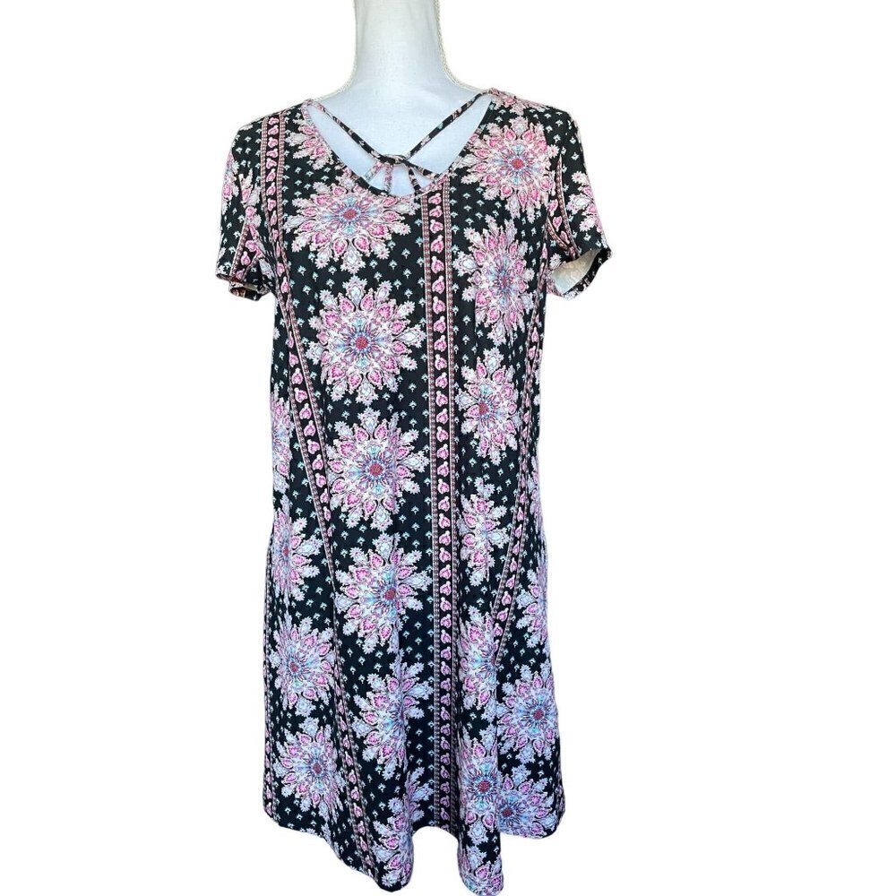 Pink Rose Dress Women's Size Large Short Sleeve Stretchy Black Pink Teal